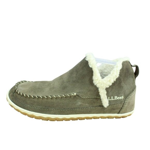 LL Bean Cement Suede Slip-on Fleece-Lined Mountain Moccasin Slippers Size 8 M - Picture 1 of 9